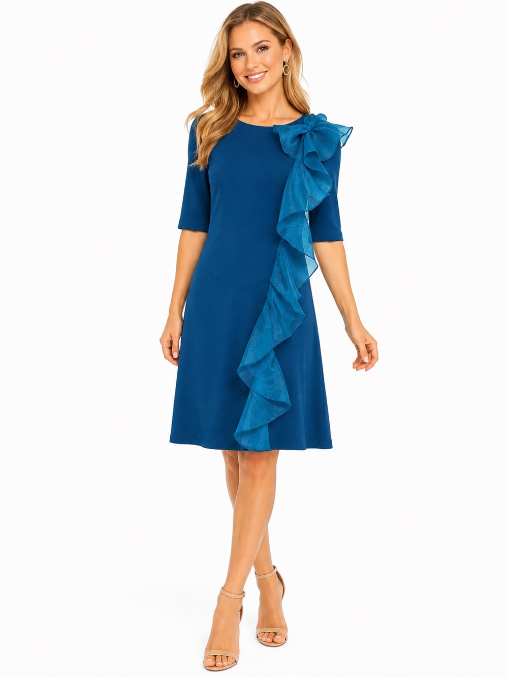 C Wonder by Christian Siriano Blue Cascade Organza Ruffle Cocktail Midi Dress